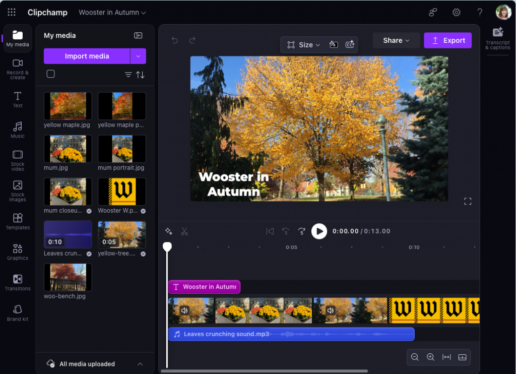 Clipchamp video project interface with Wooster in Autumn project