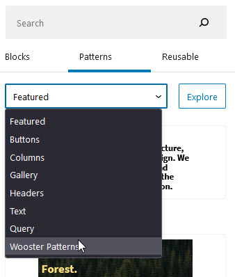 Screenshot of the Patterns tab of the block panel with the drop down menu disclosed.